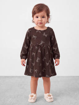 R&B - Girls Dark Brown Bow Printed Bishop Sleeves Fit and Flare Dress