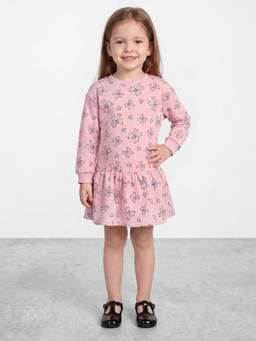 R&B - Girls Light Pink Bow Printed Cuffed Sleeves Drop Waist Dress