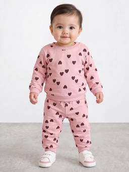 R&B - Girls Peach All Over Heart Print Sweatshirt and Pant