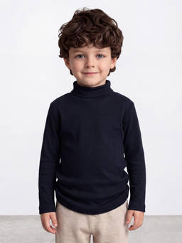 R&B - Boys Navy Blue Solid High Neck Long Sleeves Pure Cotton T-shirt