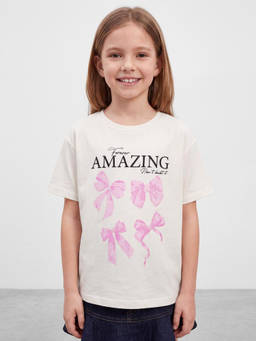 R&B - Girls White Bow Print Short Sleeves Pure Cotton T-Shirt