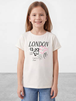 R&B - Girls White City Graphic Print Short Sleeves Pure Cotton T-Shirt