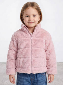 R&B - Girls Pink Self Design Raised Collar Fur Jacket