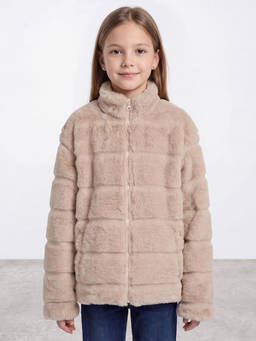 R&B - Girls Beige Self Design Raised Collar Fur Jacket