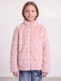 R&B - Girls Pink Self Design Raised Collar Fur Jacket