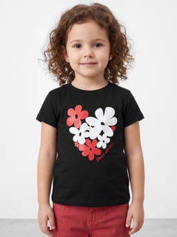 R&B - Girls Black Floral Print Short Sleeves Pure Cotton T-shirt