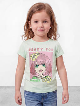 R&B - Girls Green Kawaii Graphic Print Short Sleeves Pure Cotton T-shirt