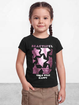 R&B - Girls Black Geometric Printed Short Sleeves Pure Cotton T-shirt