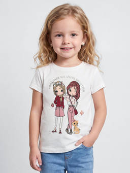 R&B - Girls Ivory Kawaii Graphic Print Short Sleeves Pure Cotton T-shirt