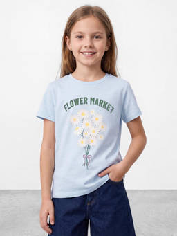 R&B - Girls Blue Floral Printed Short Sleeves Pure Cotton T-shirt