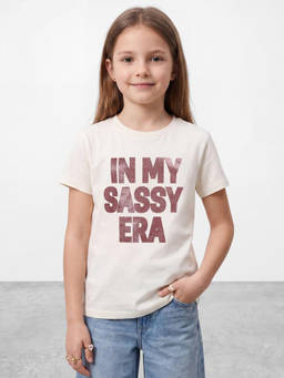 R&B - Girls Beige Typographic Printed Short Sleeves Pure Cotton T-shirt