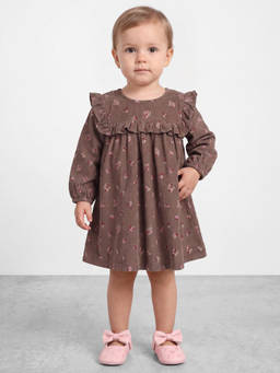 R&B - Girls Brown Floral Print Round Neck Bishop Sleeves A-Line Dress