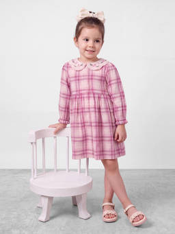 R&B - Girls Pink Checked Peter Pan Collar A Line Dress
