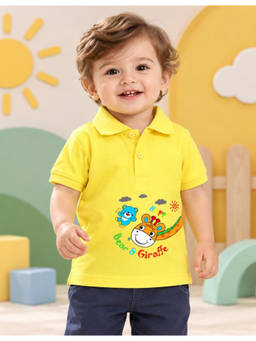 Nusyl - Unisex Bright Yellow Bear and Giraffe Text Printed Polo T-Shirt