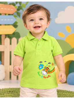 Nusyl - Unisex Lime Green Bear and Giraffe Text Printed Polo T-Shirt