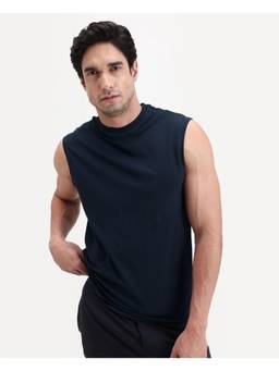 Rare Rabbit - Nats Men Navy Blue Solid Stretch Sleeveless Vest
