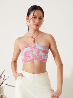 RSVP by Nykaa Fashion - Pink Halter Neck Floral Pleated Crop Top