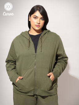 Twenty Dresses by Nykaa Fashion - Curve Olive Round Neck Basics Hoodie