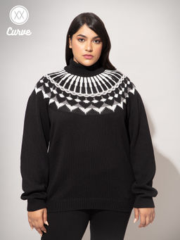 Twenty Dresses by Nykaa Fashion - Curve Black Geometric Jacquard Turtle Neck Sweater