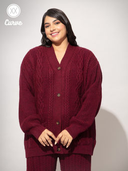 Twenty Dresses by Nykaa Fashion - Curve Maroon Textured Long Cardigan