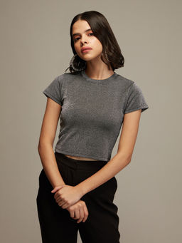Twenty Dresses by Nykaa Fashion - Black Shimmer Crop T-shirt