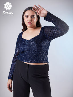 Twenty Dresses by Nykaa Fashion - Curve Blue Sequin V Neck Short Top