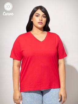 Twenty Dresses by Nykaa Fashion - Curve Red Solid V Neck Basics Tshirt