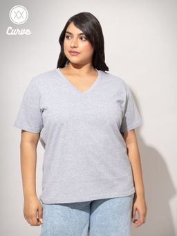 Twenty Dresses by Nykaa Fashion - Curve Grey Solid V Neck Basics Tshirt