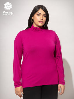 Twenty Dresses by Nykaa Fashion - Curve Magenta Solid High Neck Basics T-shirt
