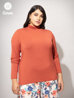 Twenty Dresses by Nykaa Fashion - Curve Brown Solid High Neck Basics T-shirt