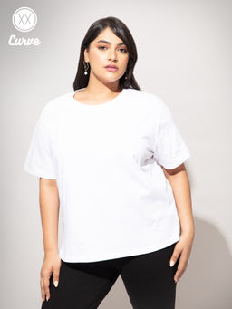 Twenty Dresses by Nykaa Fashion - Curve Off White Solid Round Neck Basics T-shirt