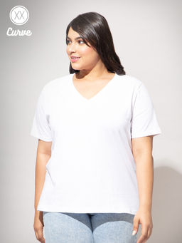 Twenty Dresses by Nykaa Fashion - Curve Off White Solid V Neck Basics T-shirt