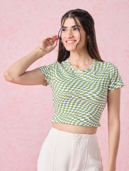 Twenty Dresses by Nykaa Fashion - Green And White Round Neck Checks Crop T-shirt