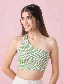 Twenty Dresses by Nykaa Fashion - Green And White One Shoulder Checks Crop T-shirt