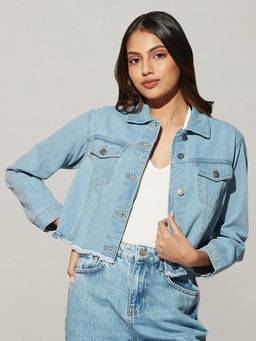Twenty Dresses by Nykaa Fashion - Blue Light Wash Frayed Denim Jacket