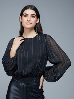 Twenty Dresses by Nykaa Fashion - Black Striped Bishop Sleeves Crop Top