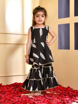 Little Panda - Girls Black Leaf Peplum Kurta with Gharara (Set of 2)