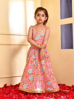 Little Panda - Girls Orange and Pink Floral Lehenga and Top (Set of 2)
