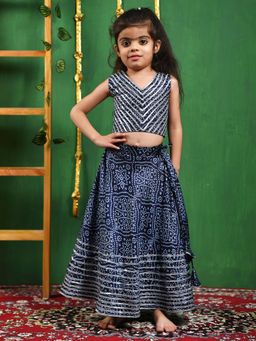 Little Panda - Girls Blue Bandhani Lehenga with Top (Set of 2)