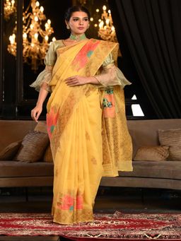 Beatitude - Yellow Woven Linen Saree with Unstitched Blouse