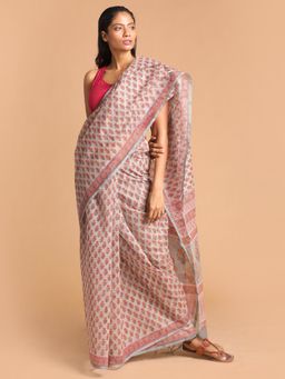 Indethnic - Grey Floral Super Net Saree with Unstitched Blouse