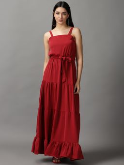 SHOWOFF - Womens Shoulder Straps Maxi Maroon Solid Dress (Set of 2)