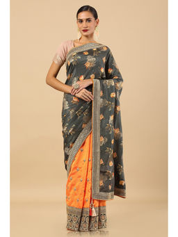 Soch - Olive Tussar Solid Saree with Unstitched