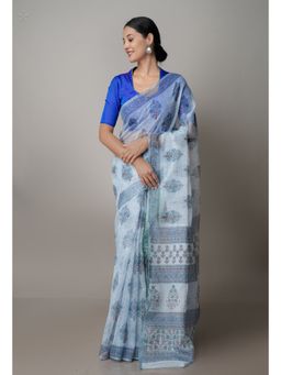 Unnati Silks - Grey Pure Block Printed Kota Cotton Saree with Unstitched Blouse