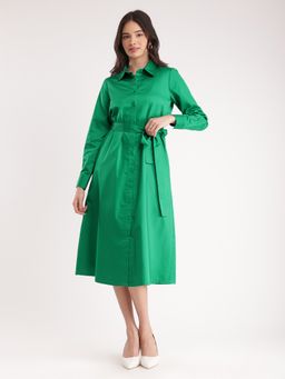 FableStreet - Women Cotton Green Solid Midi Dress with Belt (Set of 2)