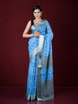 EXCLUSIVA - Blue Printed Cotton Saree with Unstitched Blouse