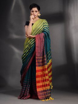 Arhi - Teal Pure Cotton Handwoven Saree with Unstitched Blouse