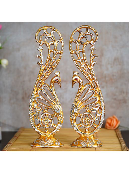 eCraftIndia Handcrafted Peacock Couple Statues (Set Of 2)