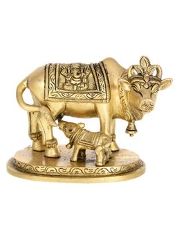 eCraftIndia - Golden Brass Holy Kamdhenu Cow and Calf Statue Animal Figurine