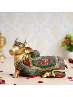 eCraftIndia - Colourful Holy Kamdhenu Cow Handcrafted Brass Idol